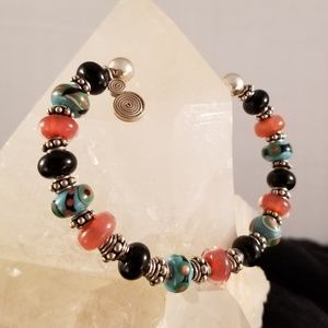 Lampwork, Onyx, and Sterling Silver Bracelet